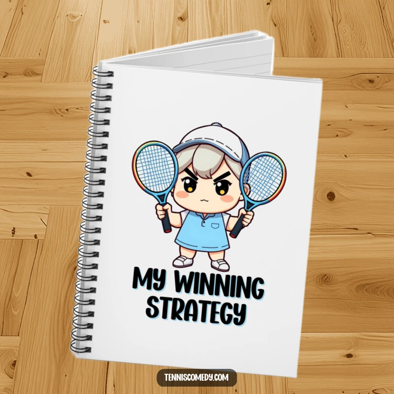 Funny notebook with a determined kawaii character holding two tennis rackets, ideal for notes and creative ideas.