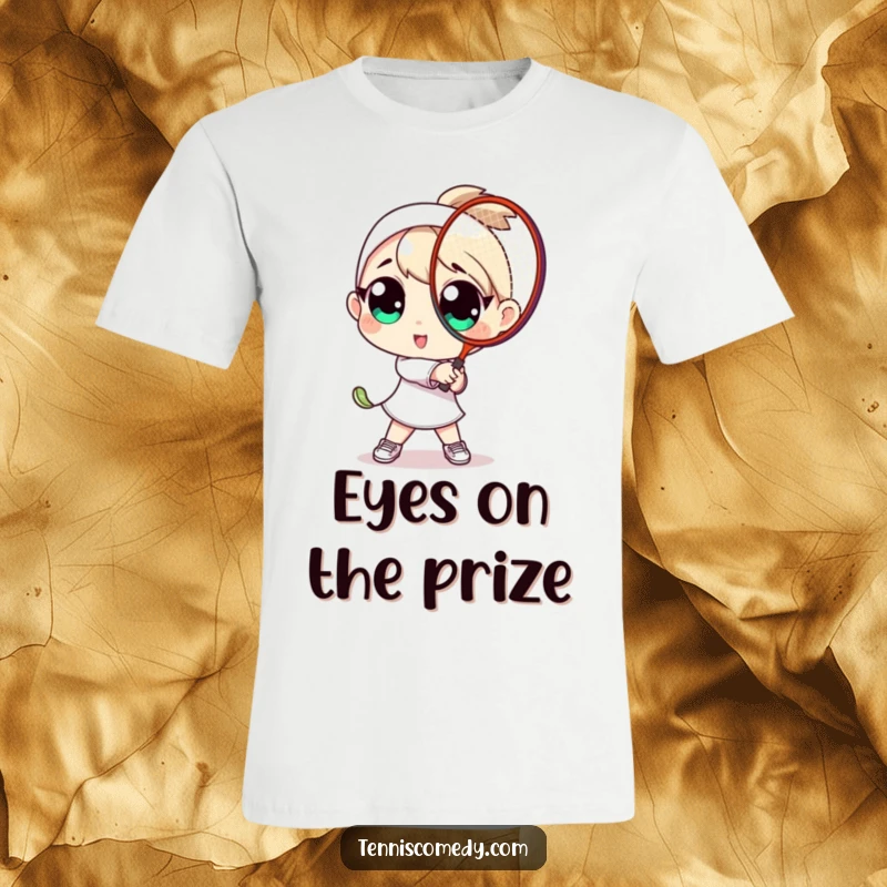 Funny t-shirt graphic of a character with exaggeratedly large eyes energetically swinging a tennis racket. Whimsical and sporty.