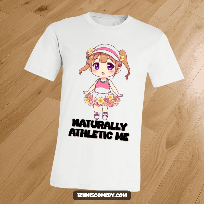 Funny floral tennis t-shirt, character wearing a skirt fashioned from fresh, colorful flowers, chic and humorous apparel.