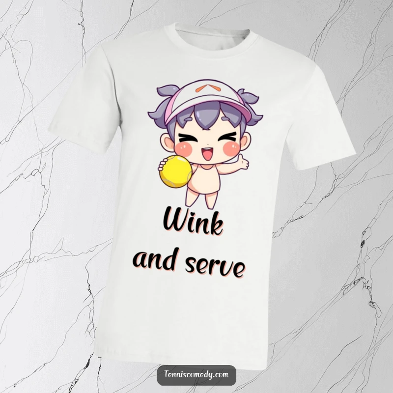 Funny cartoon character t-shirt serving a tennis ball with a goofy wink, cool sports graphic, ideal funny gift.