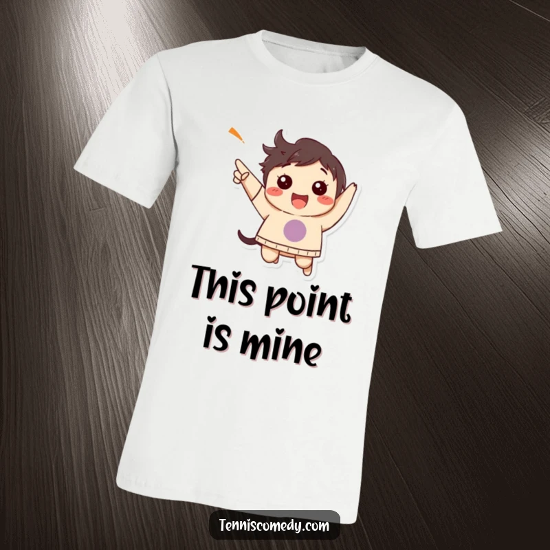 Funny T-shirt with a character performing an ecstatic jump to celebrate a hard-won point.