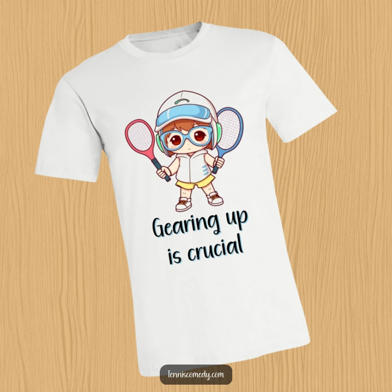 Funny T-shirt with a goofy character sporting massive tennis equipment, striking a bold and humorous pose.
