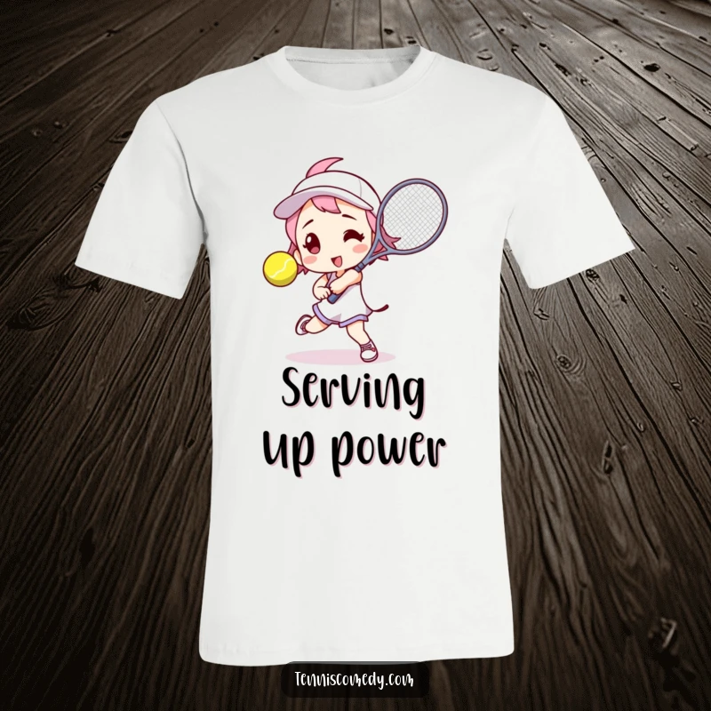 Funny tennis player t-shirt with a character in a dynamic pose, about to strike a tennis ball with their racket; exciting and humorous.