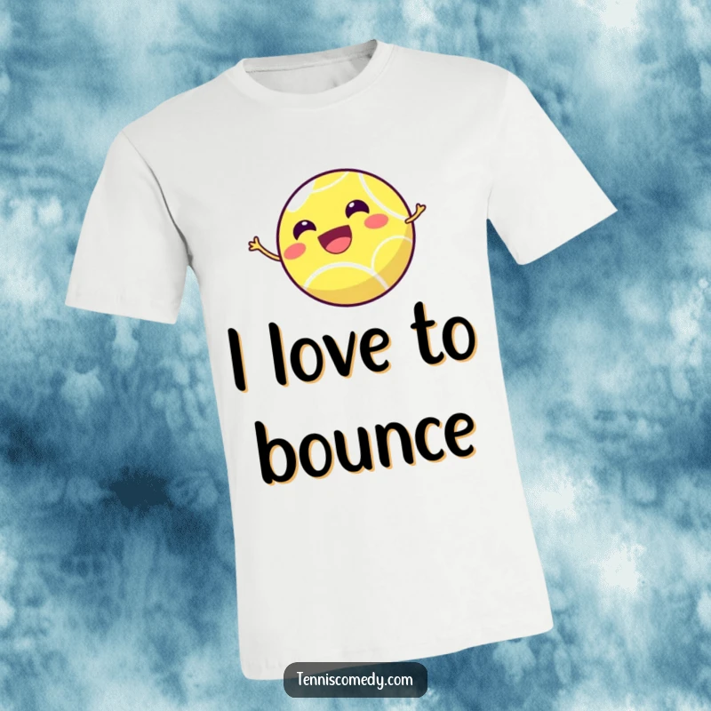 Funny tennis ball t-shirt depicting a tiny, smiling tennis ball leaping high in the air with pure, unadulterated joy.