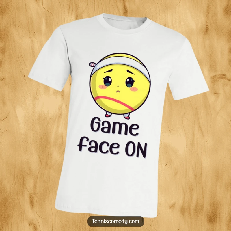 Funny tennis ball t-shirt showing a determined tennis ball comically sporting a tiny sweatband, ready to conquer.