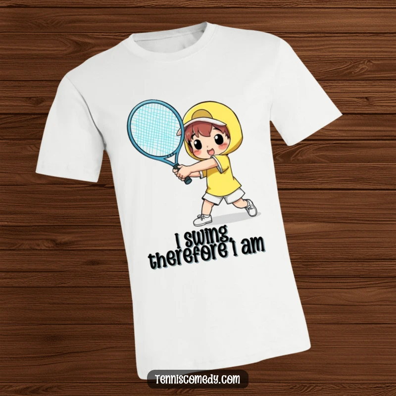 Funny t-shirt of a character comically swinging a ridiculously oversized tennis racket, captured mid-swing with a funny, determined expression.