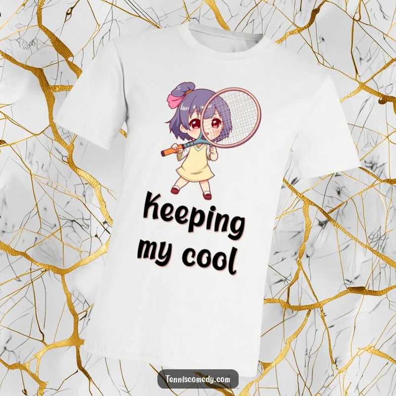 Funny tennis t-shirt, character waving a tennis racket as a large fan, showing relief from heat, witty sports apparel.