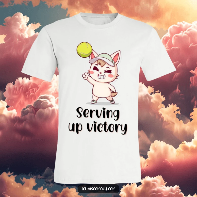 Funny t-shirt featuring a cartoon tennis player with a determined grin executing a powerful tennis serve. Energetic sports apparel.