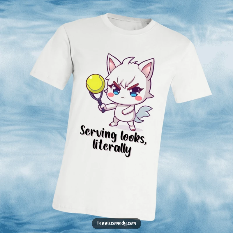 Funny tennis t-shirt showcasing a determined character expertly serving a tennis ball with impressive flair and a confident expression.