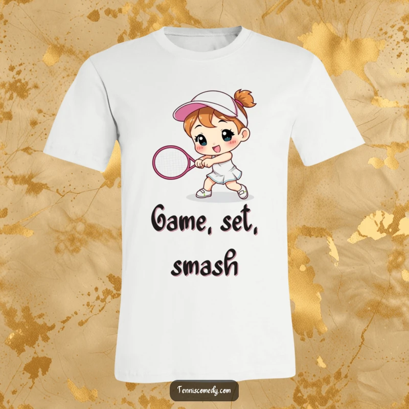 Funny cute character t-shirt smashing a tennis racket on the ground, depicts sports frustration, perfect funny gift.