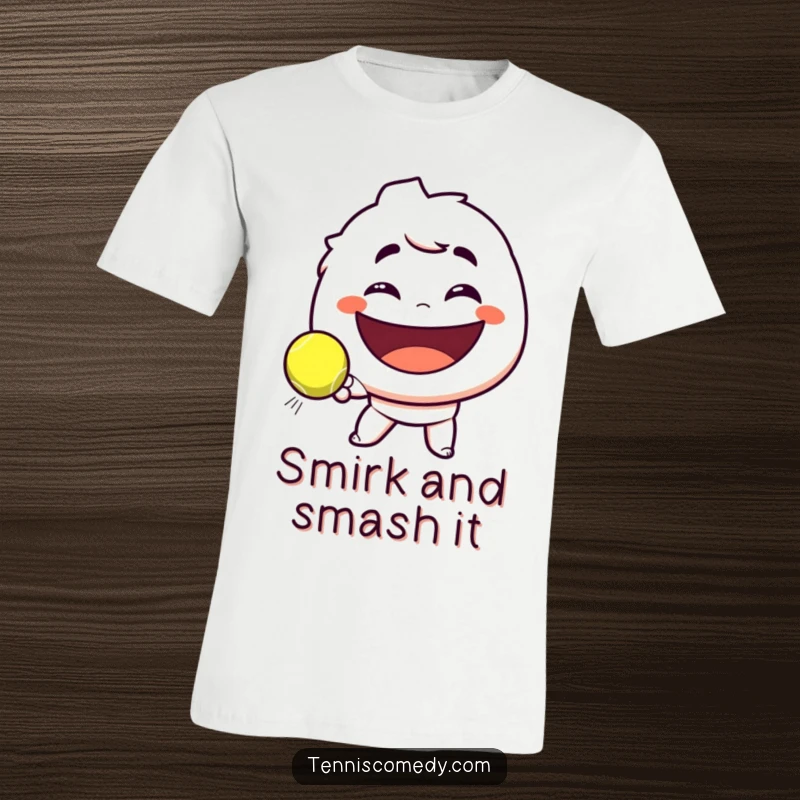 Funny t-shirt featuring a character with a playful smirk, about to hit a tennis ball towards a huge smile, a humorous depiction of tennis action.