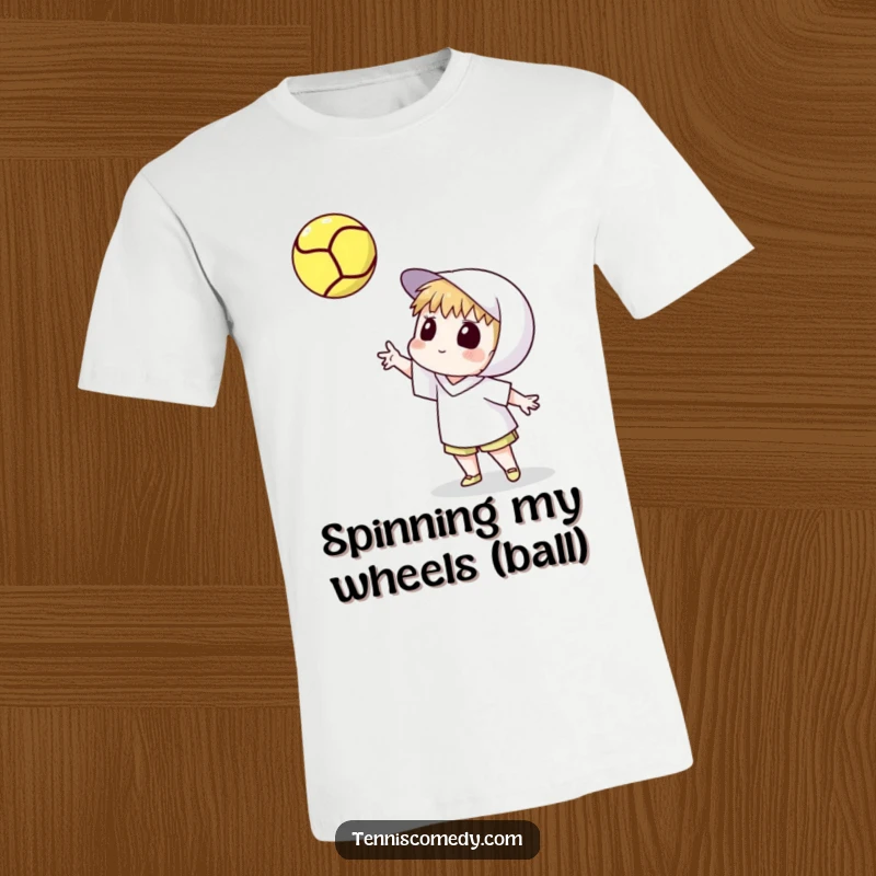 Funny t-shirt featuring a cartoon tennis player tossing a tennis ball high and watching its spin. Artistic sports apparel.