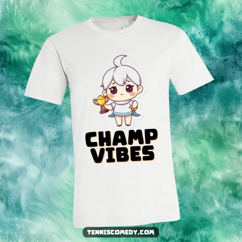 Funny t-shirt with a cute character holding a tiny trophy with pride. Humorous victory celebration apparel.