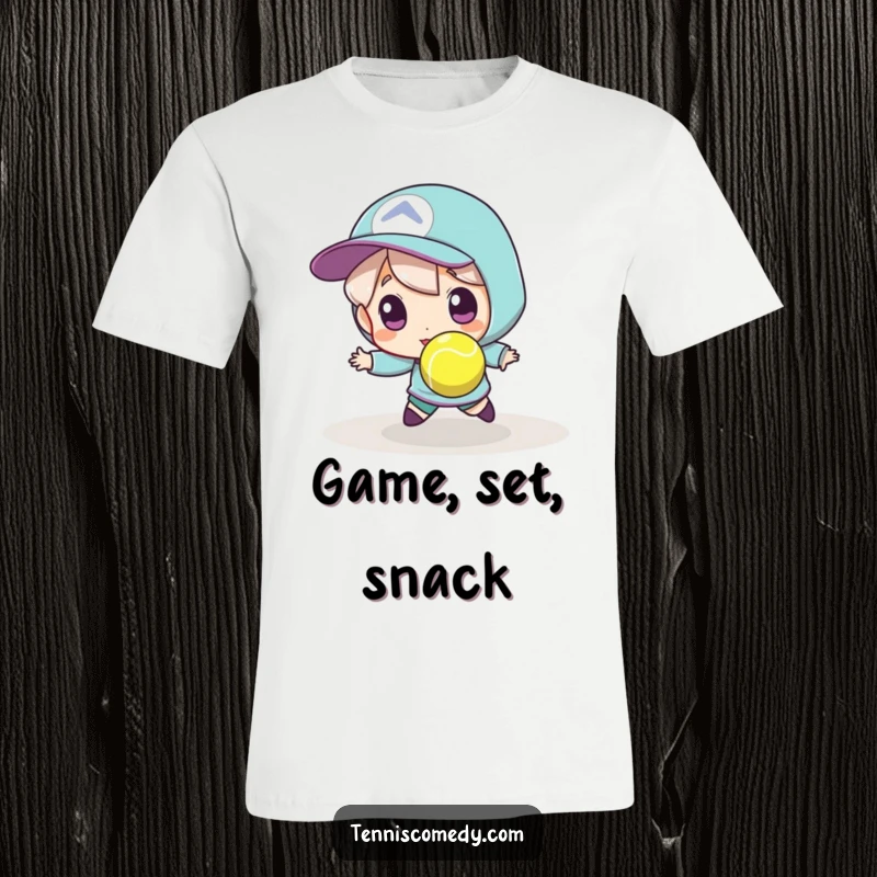 Funny tennis t-shirt, character in mid-air, trying to catch a very small, fast tennis ball, energetic and funny.