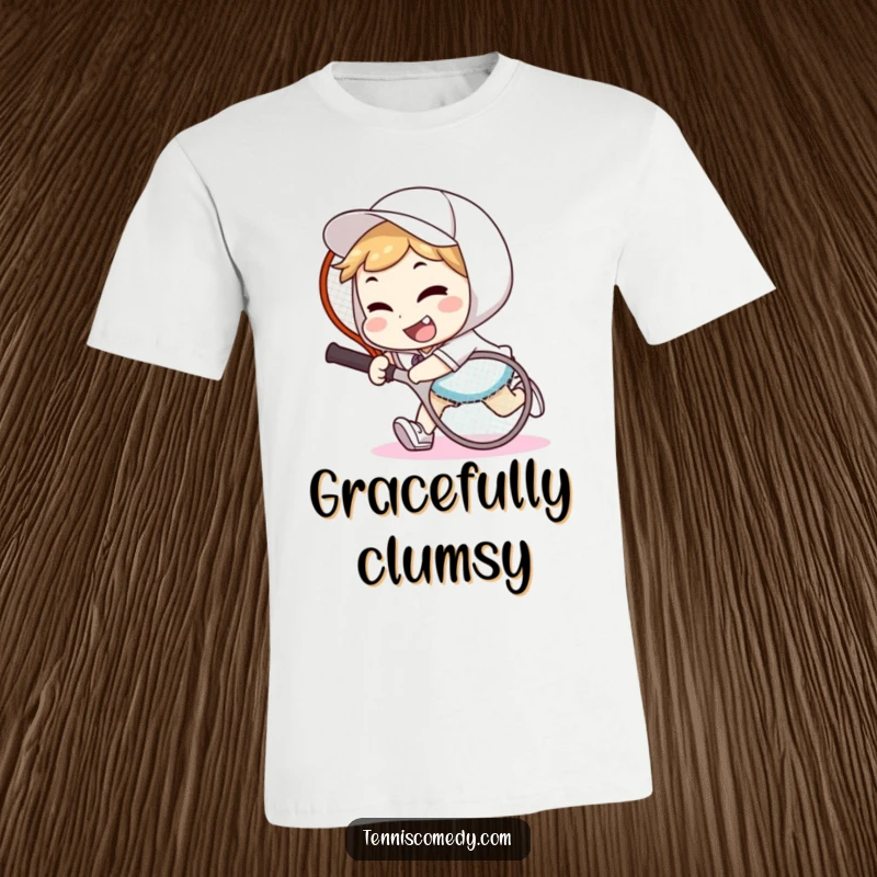 Funny tennis player t-shirt with a character tripping over a racket, sporting a goofy smile; captures lighthearted, clumsy moments.