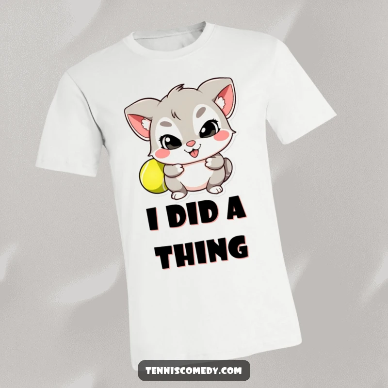 Funny T-shirt with a mischievous cartoon character hiding a tennis ball behind its back, a playful and humorous design.