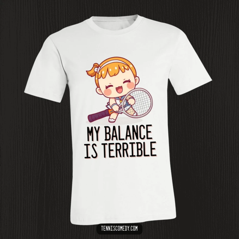 Funny Kawaii Tennis Trip T-Shirt: Adorable character hilariously stumbling over a tennis racket, perfect for anyone who appreciates sports comedy.