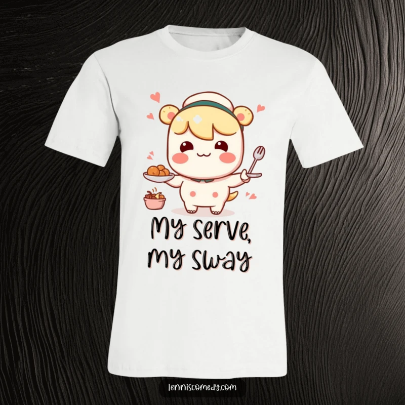 Funny Kawaii character t-shirt capturing a comical, wobbly serving motion, perfect for adding a touch of lightheartedness.