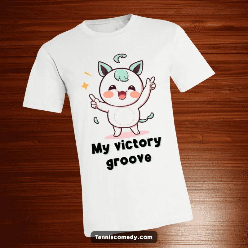 Funny Kawaii character t-shirt capturing a character comically celebrating a point with a silly dance, perfect for showing off wins.
