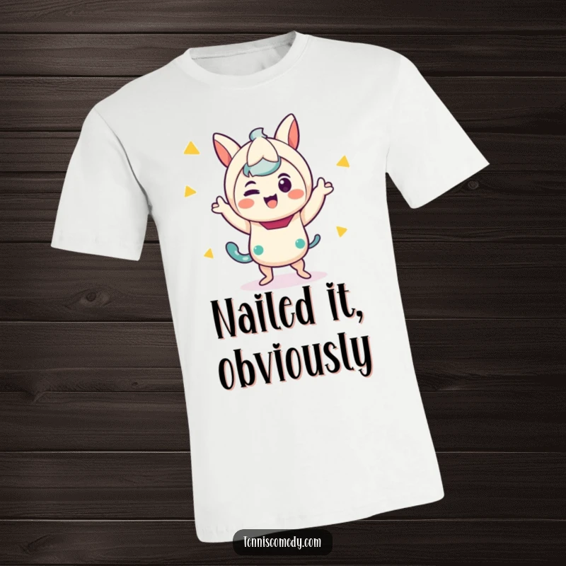 Funny t-shirt showcasing a cheerful kawaii character enthusiastically performing a silly, exaggerated victory dance and celebrating success.