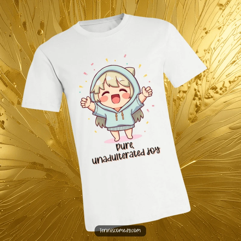 Funny t-shirt, character cheering, confetti falling, festive, joyful, energetic, great gift for party people.