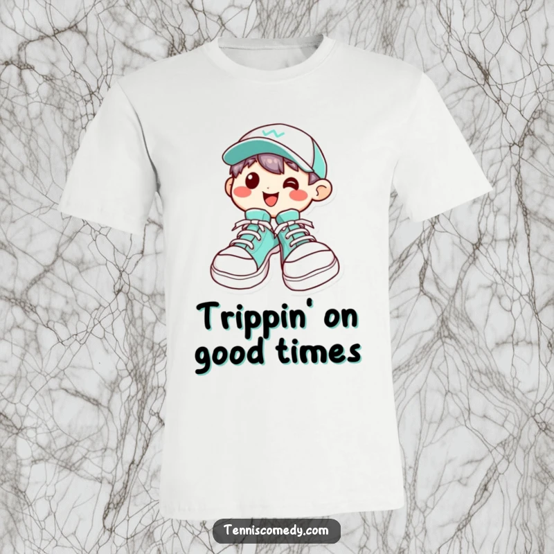 Funny Kawaii character t-shirt with oversized tennis shoes and a wide, happy grin, capturing a fun and energetic vibe.