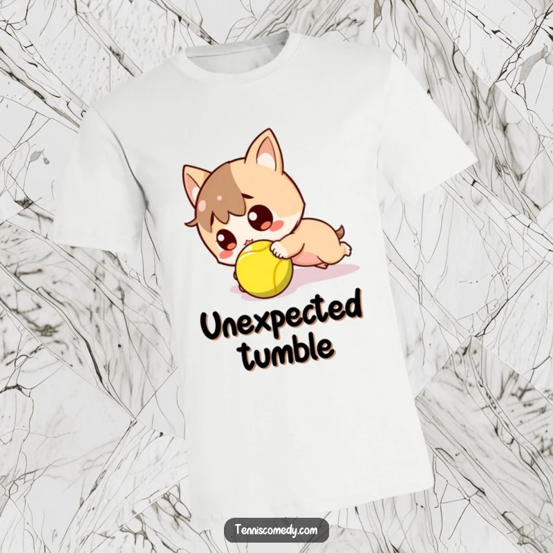 Funny t-shirt depicting a kawaii character hilariously tripping over a tennis ball, expressing wide-eyed surprise.