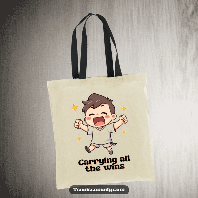 Funny tote bag featuring a character enthusiastically cheering with clenched fists after scoring, perfect for game day.