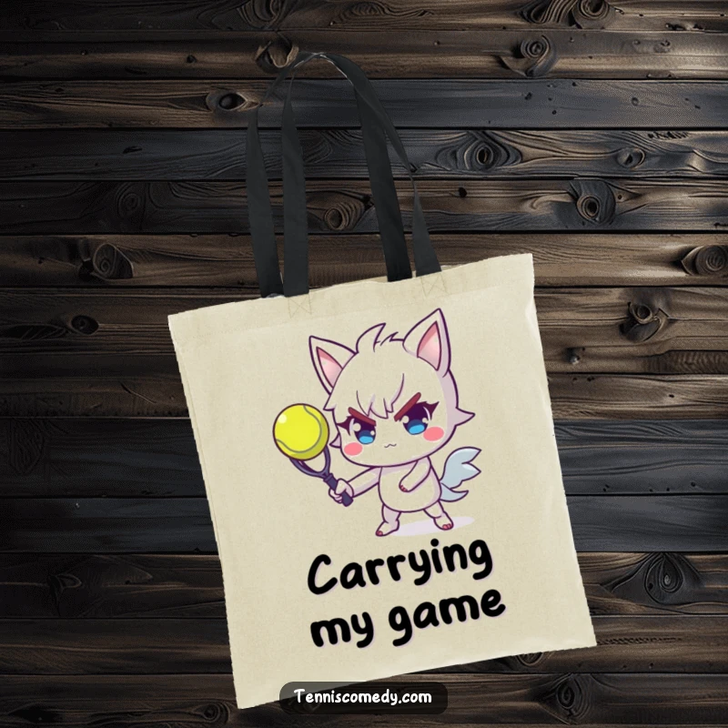 Funny tennis tote bag featuring a determined character with flair, skillfully serving a tennis ball, ready to carry athletic essentials.