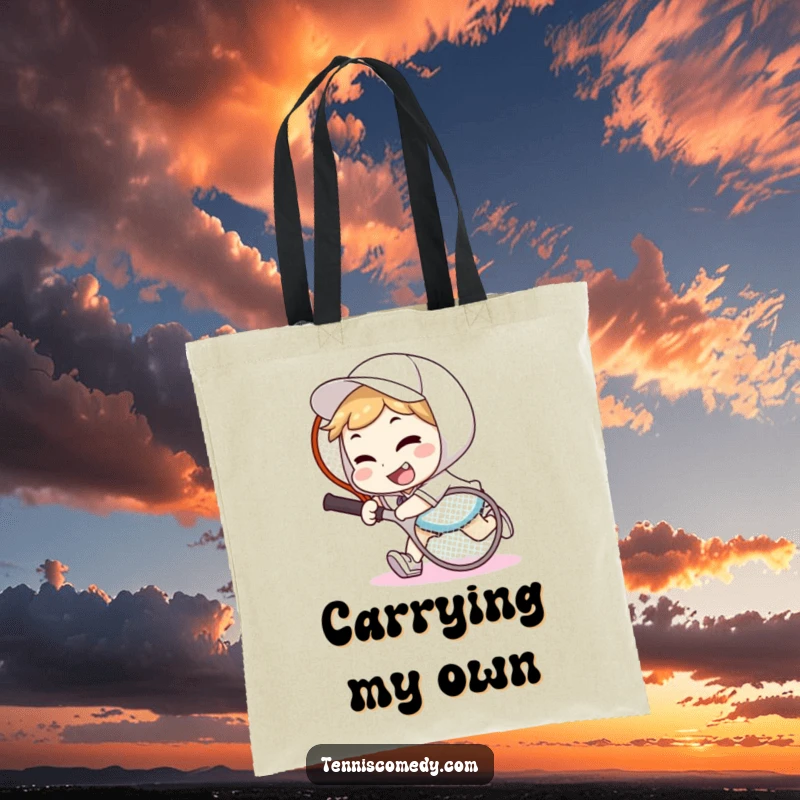 Funny tennis tripper tote bag showing a character tripping over a tennis racket with a goofy smile, perfect for carrying items.