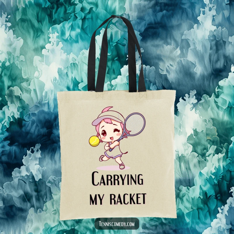 Funny tennis player tote bag with a character in an athletic pose, about to serve or hit a tennis ball, perfect for carrying gear.