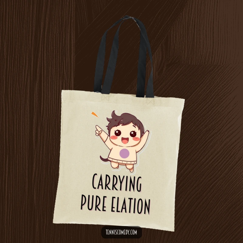 Funny tote bag featuring a character mid-jump, exuding happiness and celebrating a victory.