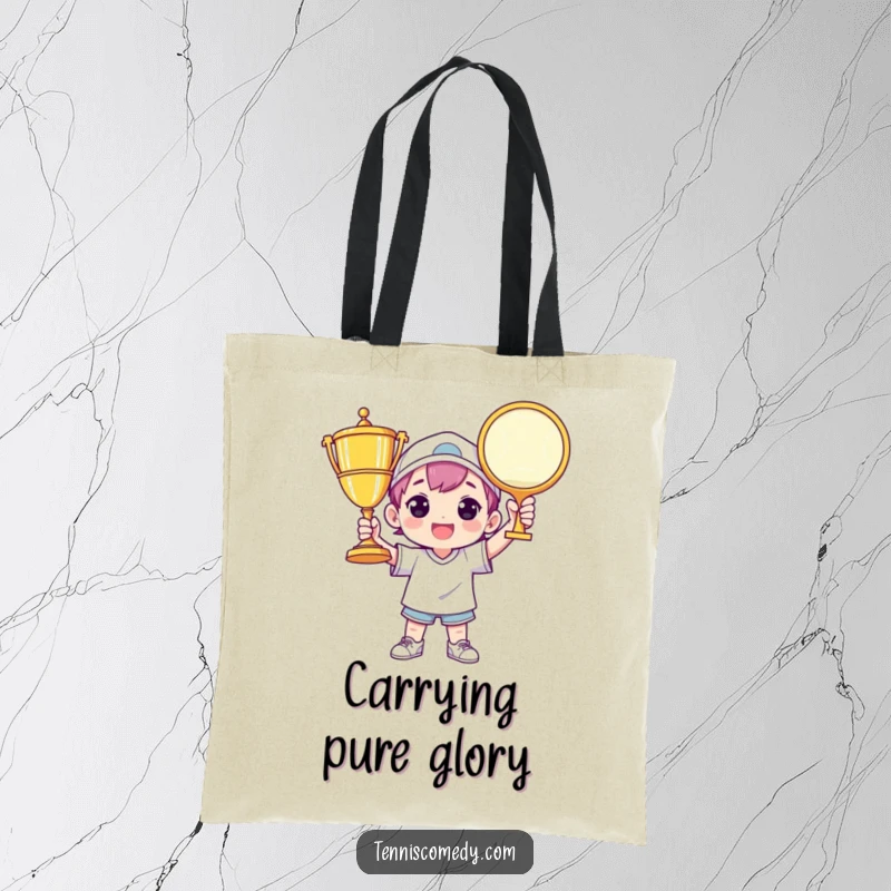 Funny tennis tote bag depicting a character triumphantly holding a giant tennis trophy, a symbol of achievement and success.
