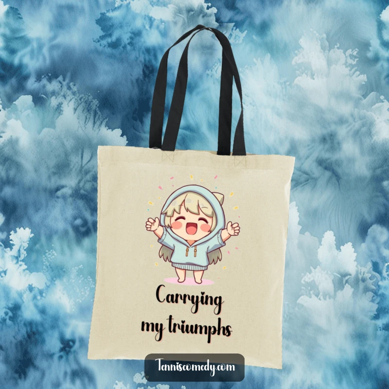 Funny tote bag, character cheering, confetti falling, festive, practical, great for parties, reusable bag.