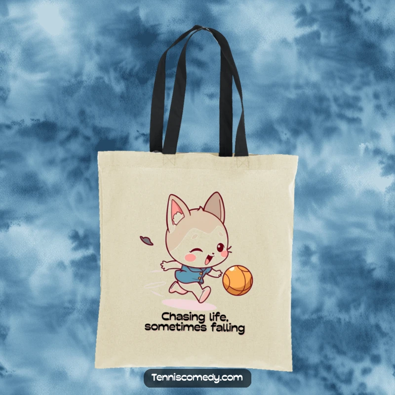 Funny tote bag featuring a cute character comically tripping over their feet while desperately chasing a fast ball, full of energy.