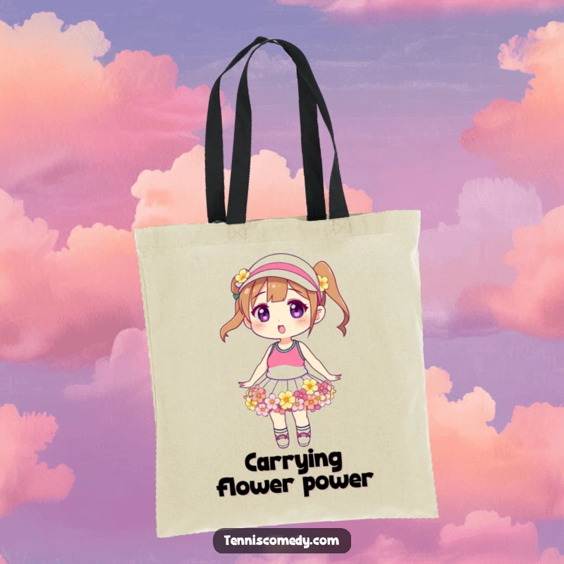 Funny floral tennis skirt tote bag, durable canvas, depicting a character wearing a skirt made of blooming flowers, stylish and humorous.