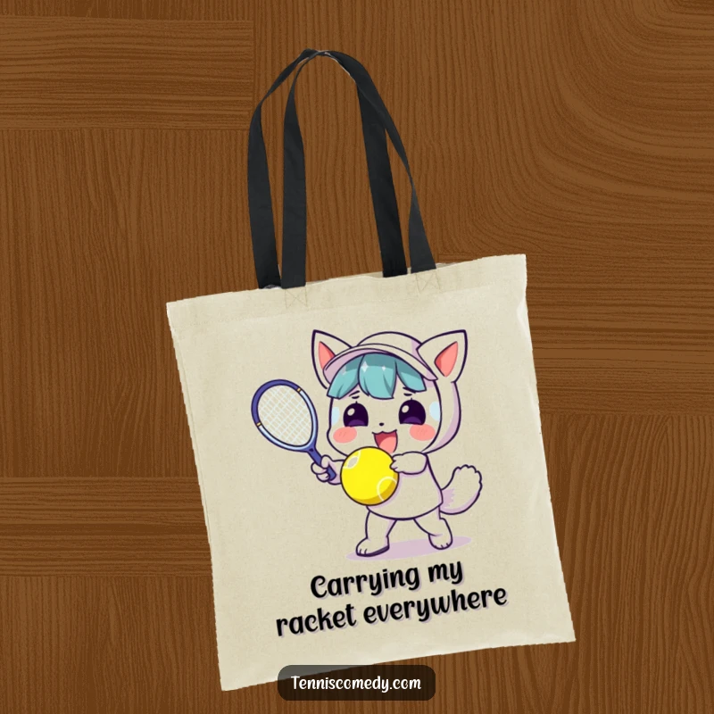Funny Kawaii Tennis Tote Bag: A cheerful kawaii character enthusiastically plays tennis, ready to carry your gear with sporty flair.