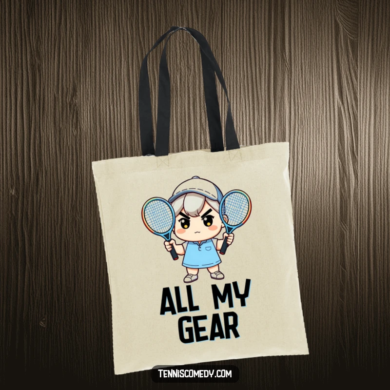 Funny tote bag featuring a cute kawaii character with a determined look, holding two tennis rackets.