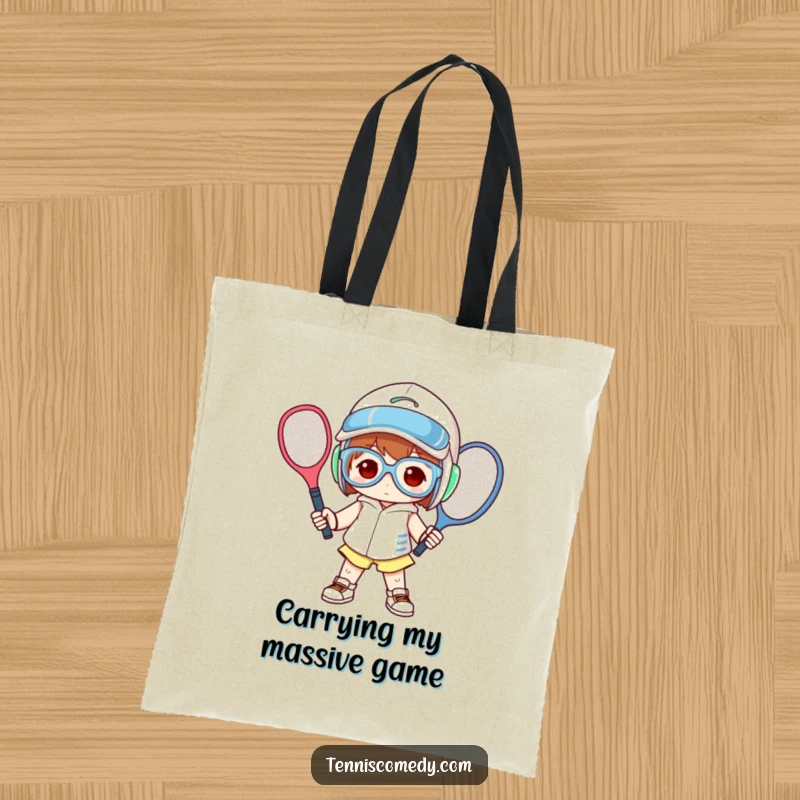 Funny tote bag featuring a character in oversized tennis gear, posing comically for a laugh.