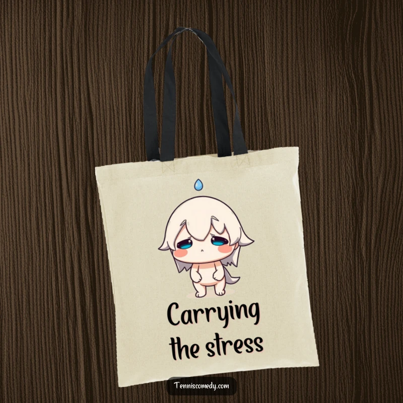 Funny Tote Bag depicting a character with a comically large sweat drop flying from its brow, practical for carrying items with humor.
