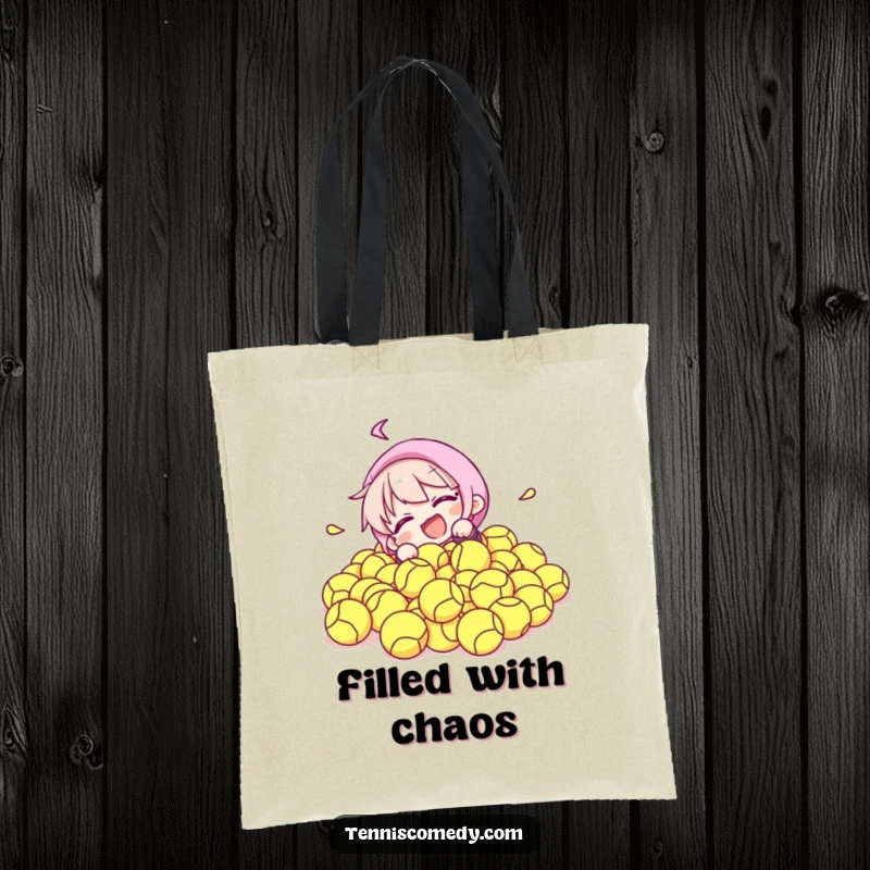 Funny tote bag showing a character comically submitting to a delightful avalanche of tennis balls, perfect for shoppers who love a good laugh.