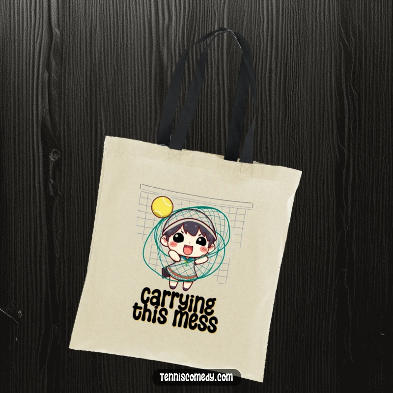 Funny tennis tote bag depicting a character comically entangled in a tennis net, a humorous and practical accessory.