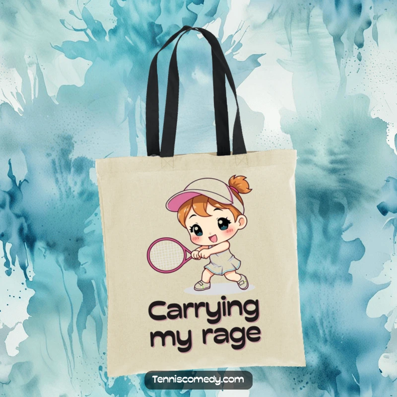 Funny cute character tote bag smashing a tennis racket, durable sports accessory, practical and humorous funny gift.