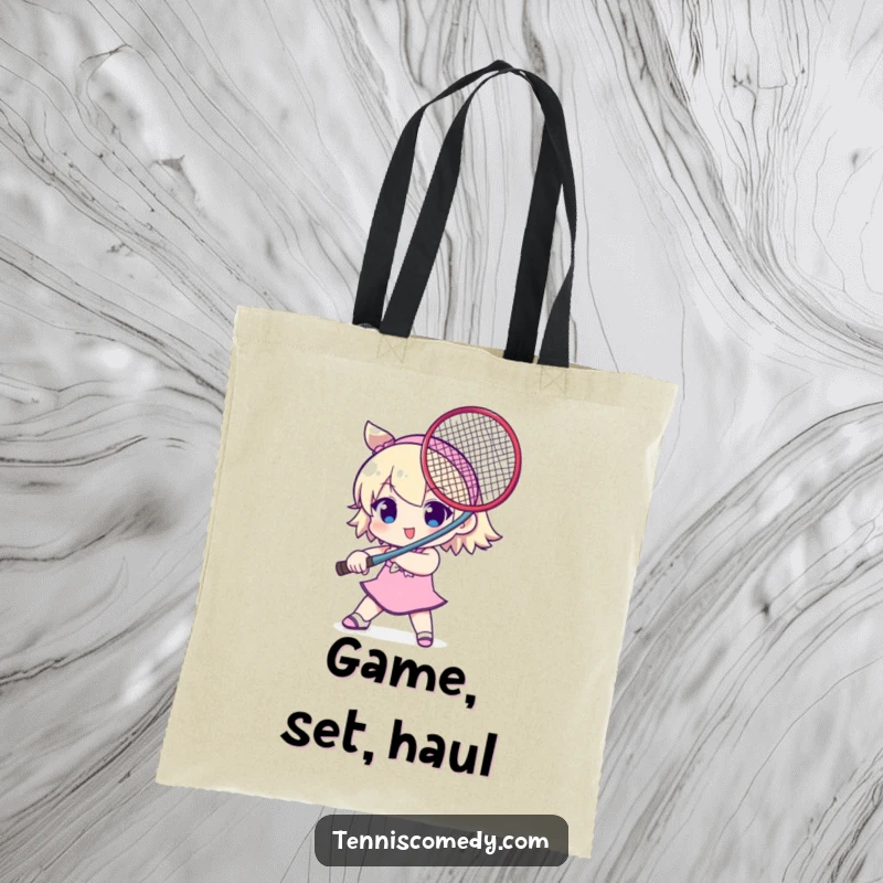 Funny tote bag displaying a cute character brandishing a tennis racket like a sword. A humorous and practical tennis accessory.