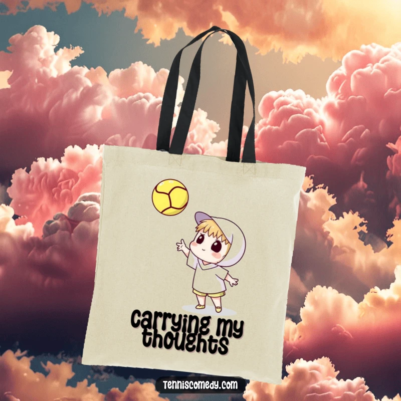 Funny tote bag depicting a cartoon tennis player tossing a tennis ball high and watching its spin. Artistic and practical accessory.