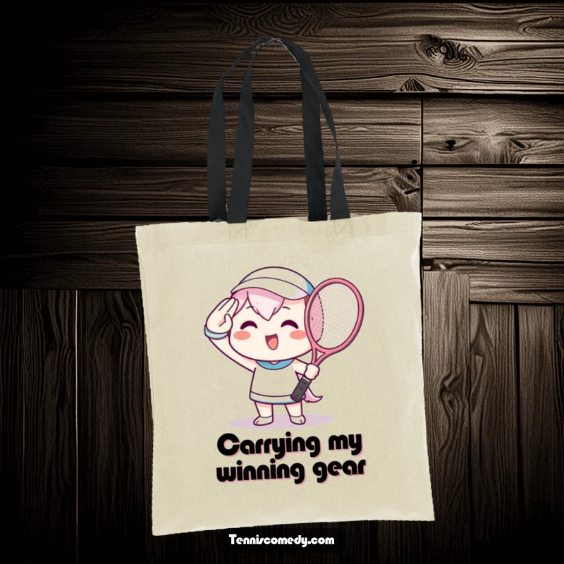 Funny Tote Bag with a cheerful Kawaii character saluting with a tennis racket, perfect for carrying sports essentials.