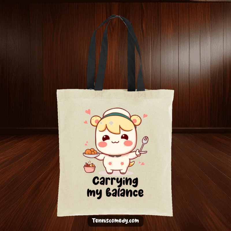 Funny Kawaii character tote bag showcasing a comical, wobbly serving motion, perfect for everyday use with a smile.