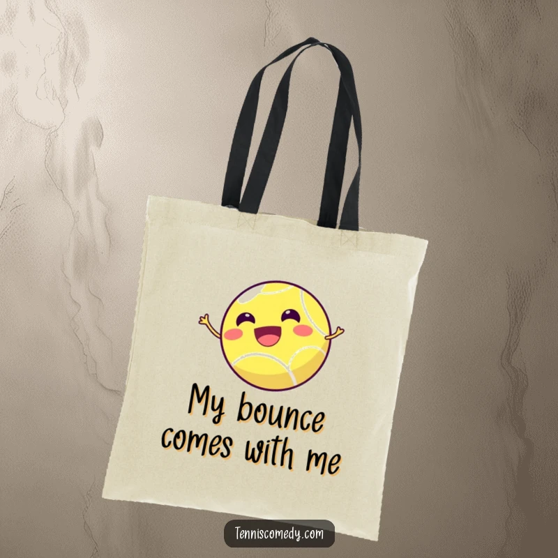 Funny tennis ball tote bag showcasing a tiny, smiling tennis ball joyfully bouncing high, a perfect accessory for tennis enthusiasts.