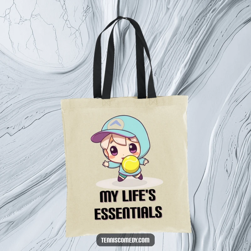 Funny tennis tote bag, sturdy canvas, depicting a player intensely chasing a minuscule, fast tennis ball, practical and amusing.