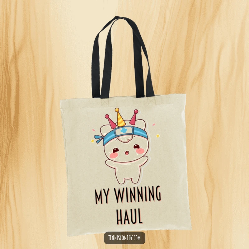 Funny tote bag depicting a kawaii tennis player with a sweatband, celebrating a hard-earned victory with enthusiasm.
